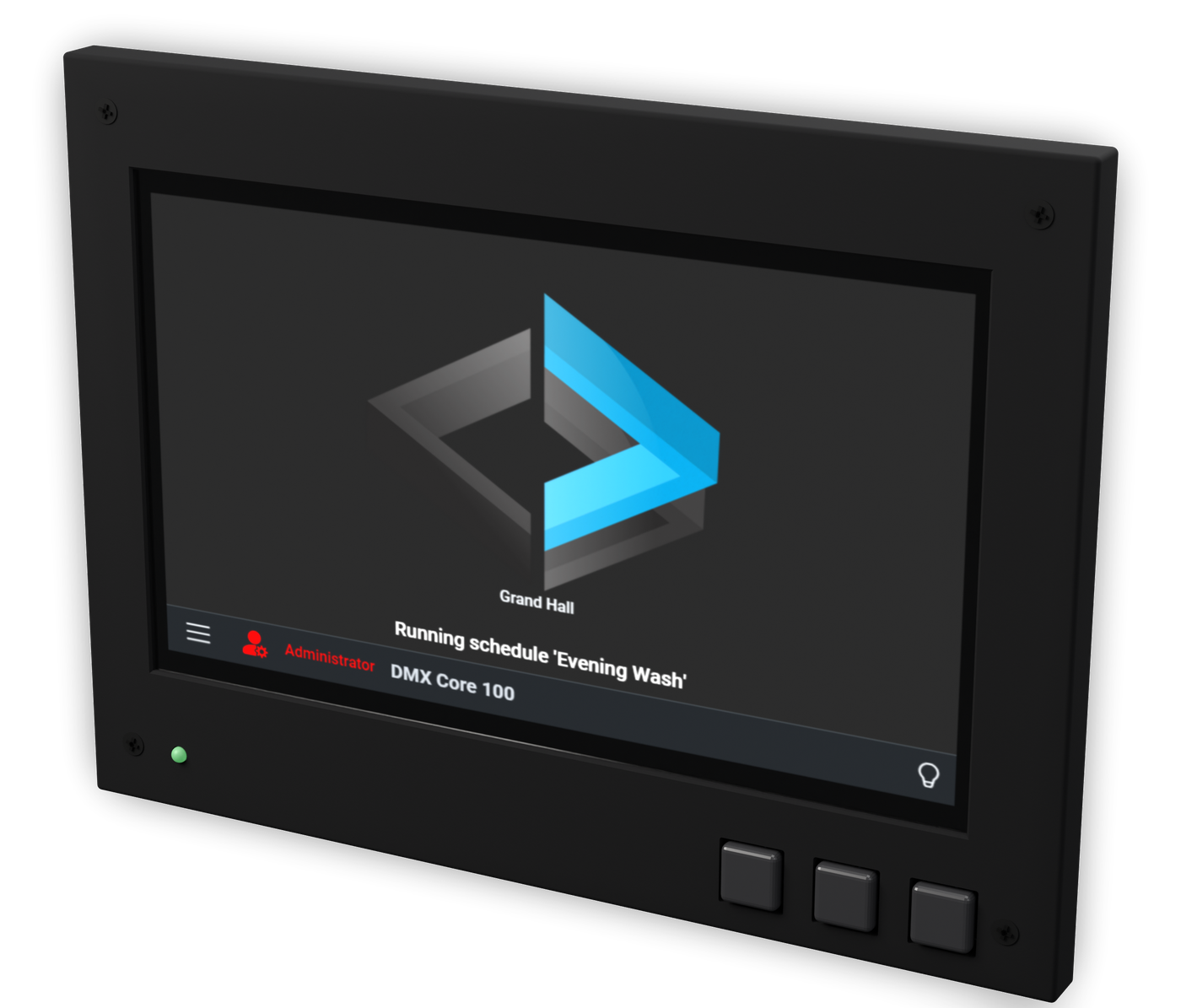 DMX Core 100 7-inch: touchscreen, three buttons and status LED in the black bezel