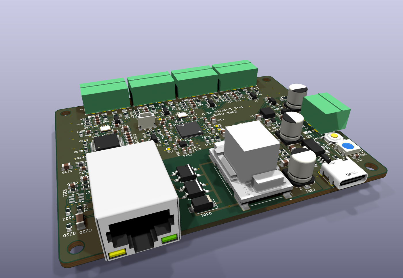 DMX Core PoE Control board: RJ45 with PoE, USB-C, four control ports and a panel LED port