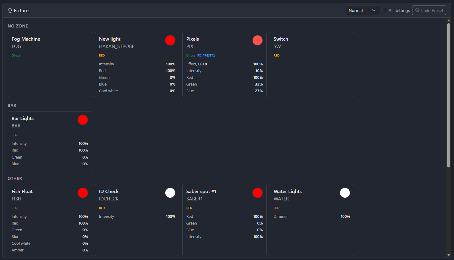 DMX Core 100 fixture control view