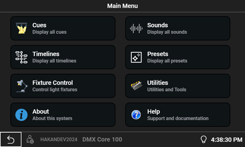 DMX Core 100 Main Menu