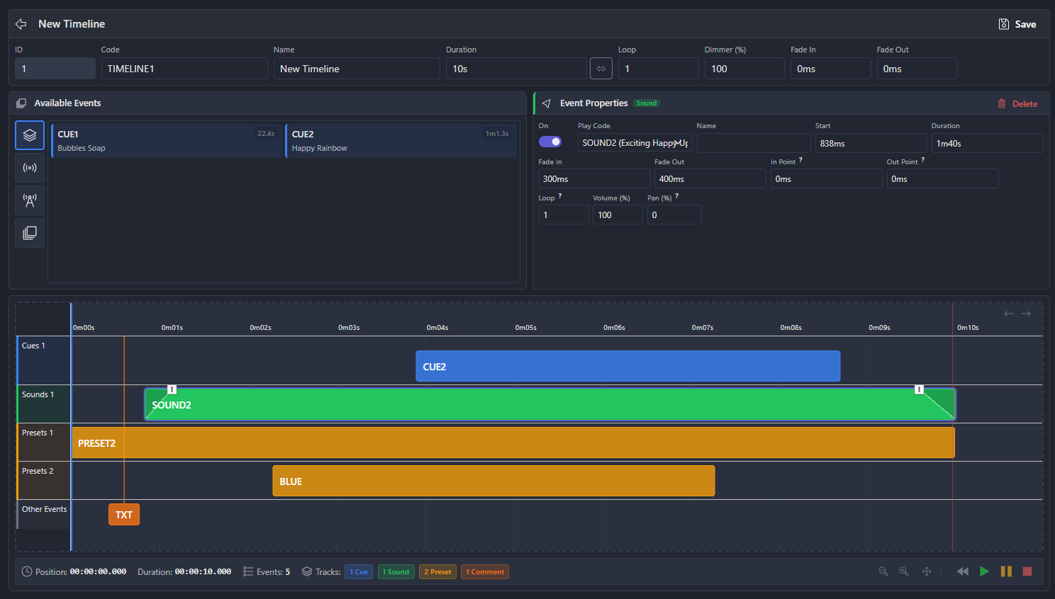 DMX Core 100 timeline editor